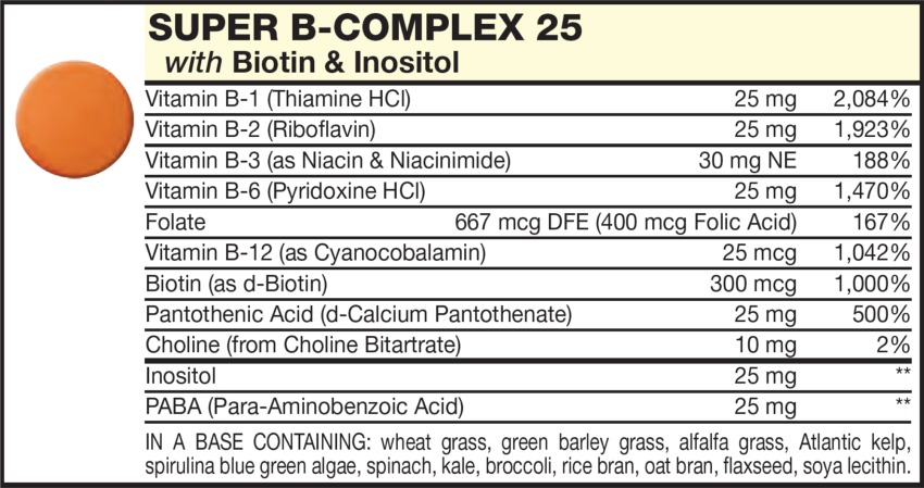 The Orange Tablet in the Vitamin Packet contains B-COMPLEX with Biotin & Inositol, Vitamins B-1, B-2, B-3, B=6, Fulate, Vitamin B-12 (as Cyanocobalamin), PABA (Para-Aminobenzoic Acid), Biotin, Choline Bitartrate, Inositol