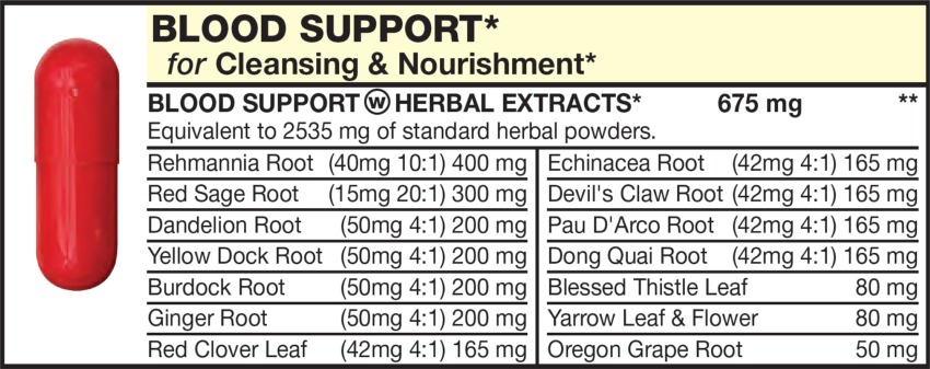 The Light Red capsule in the Vitamin Packet contains Blood Cleansing & Nourishment Herbs including Dandelion Root, Yellow Dock Root, Burdock Root, Ginger Root, Red Clover Leaf, Rehmannia Root, Red Sage Root, Pau D'Arco Root, Dong Quai Root, Blessed Thistle Leaf, Yarrow Leaf & Flower, Oregon Grape Root, Echinacea Root, Devil's Claw Root