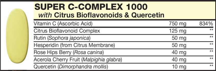 The Yellow Tablet in the Vitamin Packet contains C-COMPLEX with Citrus Bioflavonoids & Quercetin, Vitamin C' Rutin (Sophora japonica), Hesperidin (from Citrus Membrane), Rose Hips Berry (Rosa canina), Acerola Cherry Fruit (Malpighia glabra), Quercetin (Dimorphandra mollis)