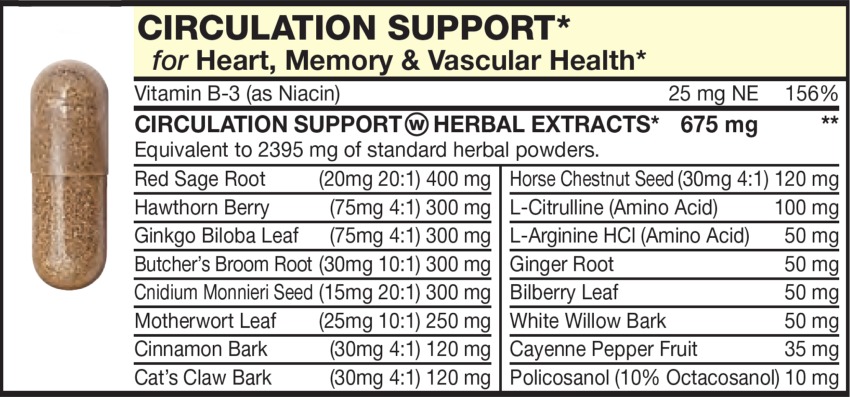 The light Brown capsule in the Vitamin Packet contains CIRCULATION SUPPORT HERBAL EXTRACTS with Red Sage Root, Horse Chestnut Seed, Ginkgo Biloba Leaf, Butcher's Broom Root, Cnidium Monnieri Seed, Motherwort Leaf, Cinnamon Bark, Cat's Claw Bark, Hawthorn Berry, Ginger Root, Bilberry Leaf, White Willow Bark, Cayenne Pepper Fruit, Policosanol, Octacosanol