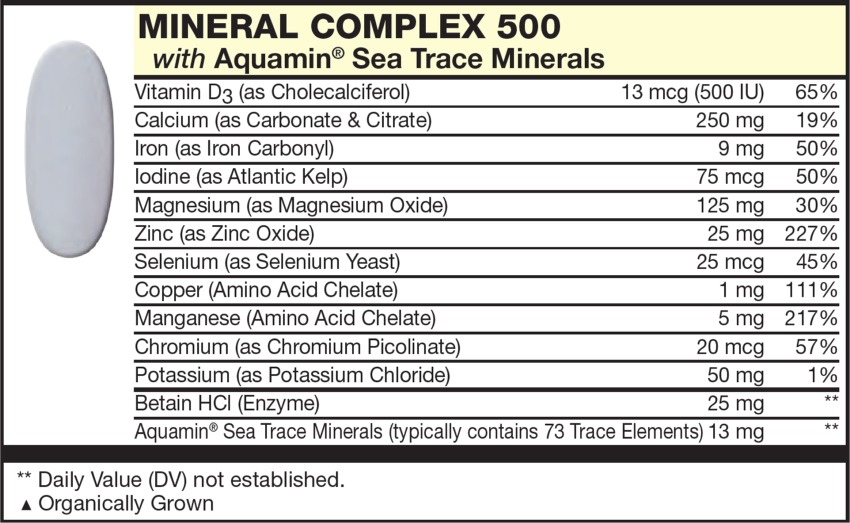 The grey Tablet in the Vitamin Packet contains MINERAL COMPLEX with Vitamin D3 (as Cholecalciferol), Calcium (as Carbonate & Citrate), Magnesium (as Magnesium Oxide), Iron (as Iron Carbonyl), Iodine (as Atlantic Kelp), Copper (Amino Acid Chelate, Zinc (as Zinc Oxide), Manganese (Amino Acid Chelate), Potassium (as Potassium Chloride), Chromium (as Chromium Picolinate), Selenium (as Selenium Yeast), Betain HCl (Enzyme),Sea Trace Minerals